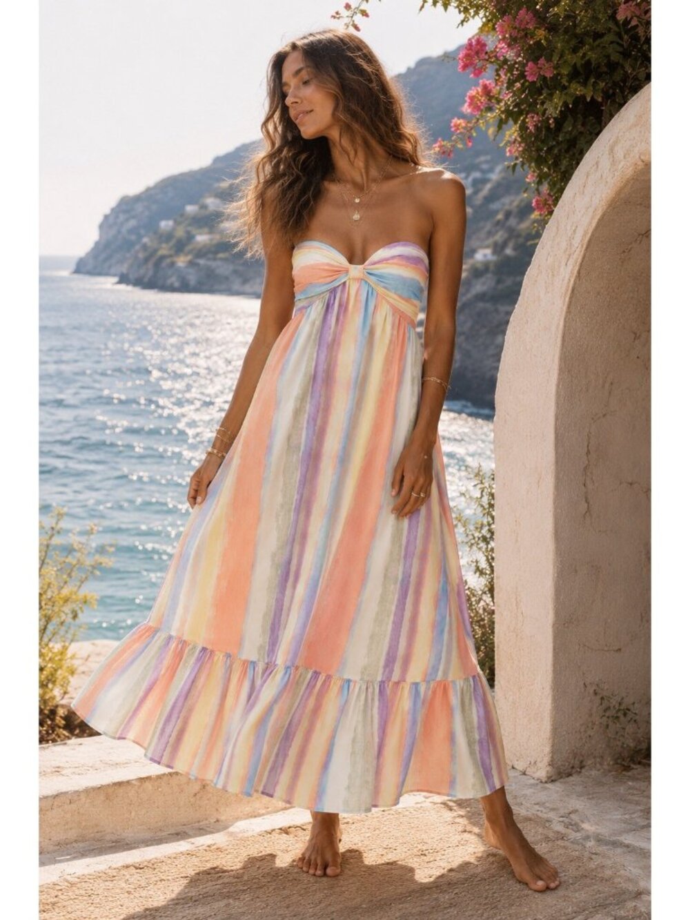 Lulu's Pastel Multi-Stripe Strapless Midi Dress